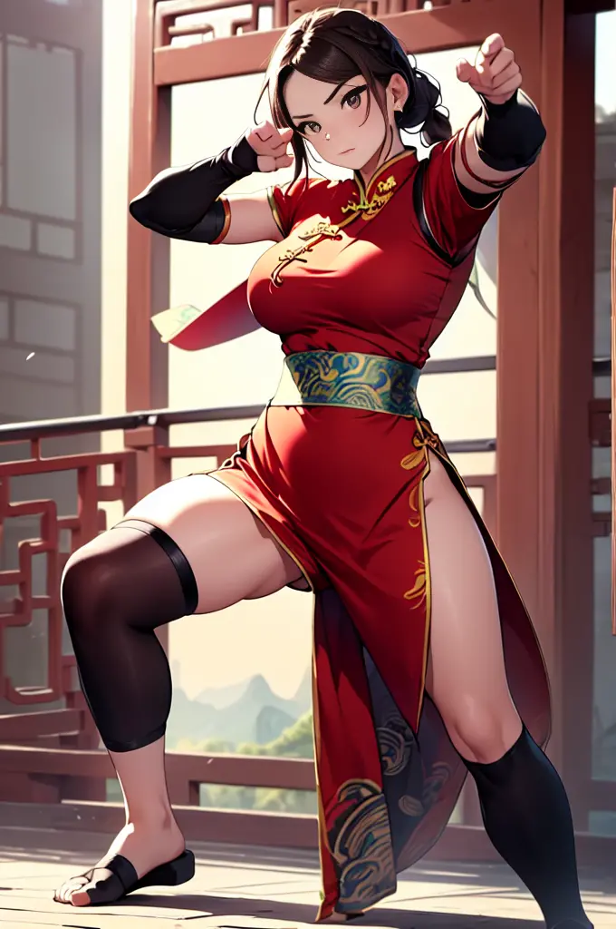 lei kugo live a live, qipao, chinese clothes, traditional clothes, action pose, full body, brown hair, braided hair, scars on fa...