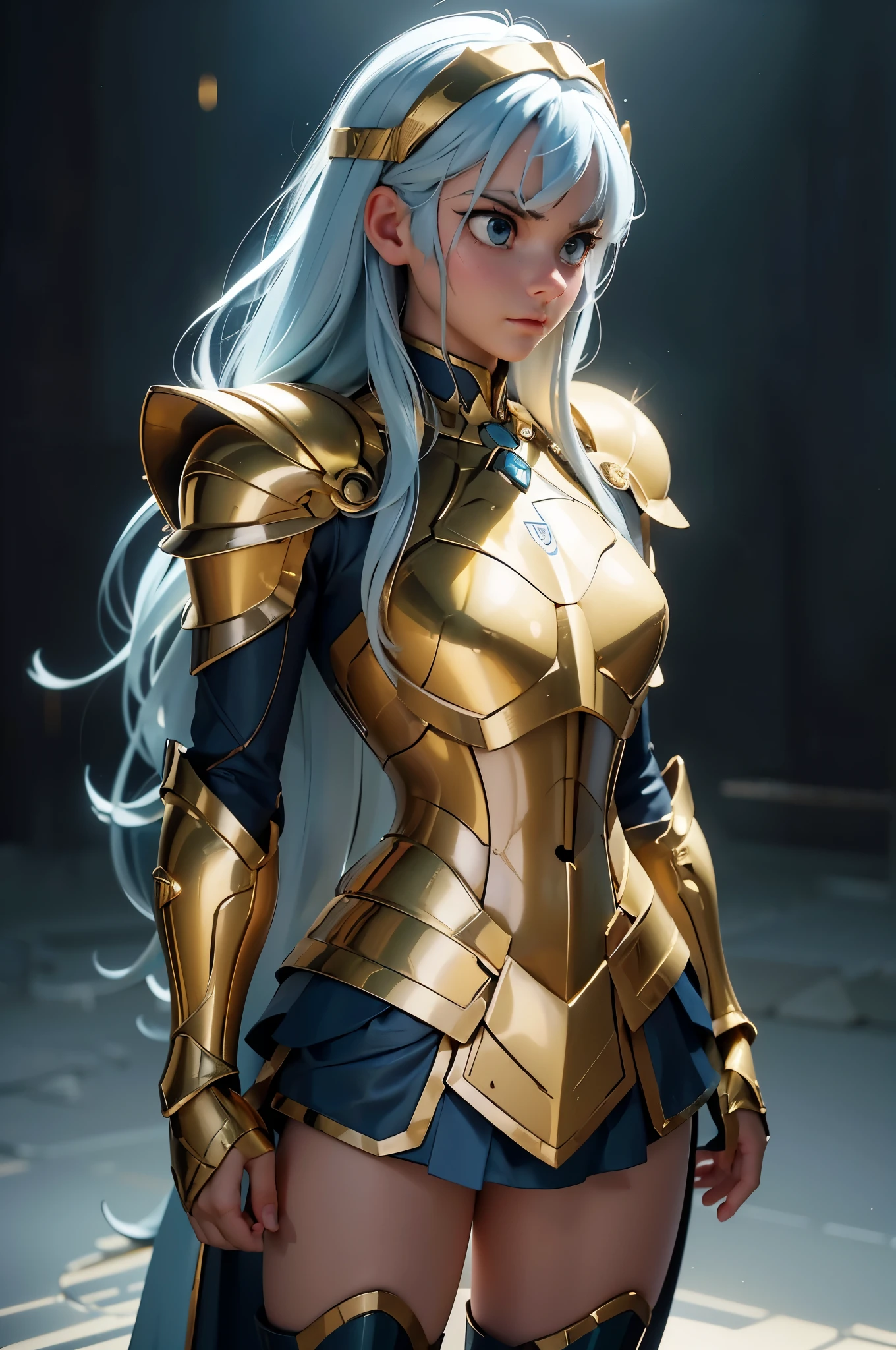 masterpiece, best quality,highly detailed RAW color Photo, sharp focus, 8k high definition, 1girl, long hair, turtle neck, close up photo, female wearing armor, light blue hair, helmet, leg armor, shoulder armor, long hair, yellow armor, reflection on armor, headset, yellow head band, sparking armor, white skin tight transparent vinyl, at night, from lower, AquariusArmor, standing strait, (gold armor:1.2) moonlight reflection, sacredness , landscape, bright (facial freckles:0.1), to8contrast style, posing in a dark studio, (rim lighting,:1.4) two tone lighting, octane, unreal, dimly lit, (low key:1.3),