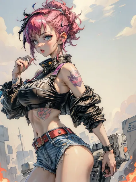 (top-quality、8K、32K、​masterpiece、nffsw:1.hotorealsitic:1.4),Portrait of an 18-year-old punk girl,A detailed eye、,Wacky punk hair,Radical punk fashion,Tank Tops、Wacky makeup、A pink-haired,、A lot of tattoos on the body,、Street background、Backlight effect、dep...