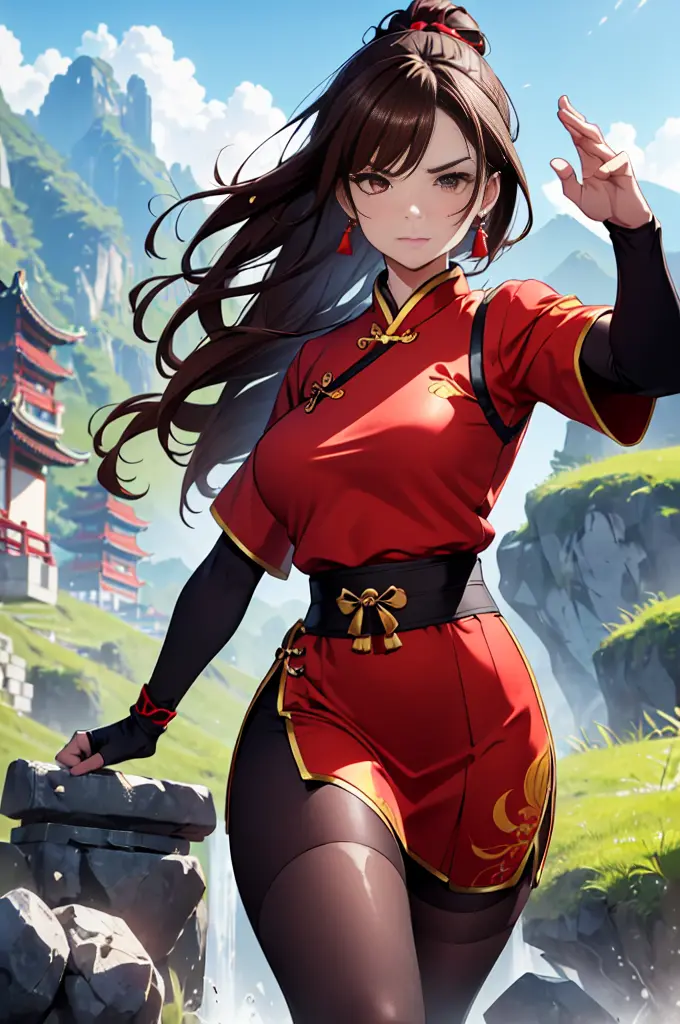 lei kugo live a live, qipao, chinese clothes, traditional clothes, action pose, full body, brown hair, braided hair, scars on fa...