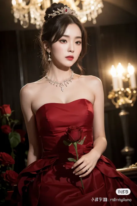 a close up of a woman in a vestido rojo holding a rose, red jewelry, Pose real elegante, dilraba dilmurat, elegant vestido rojo,...