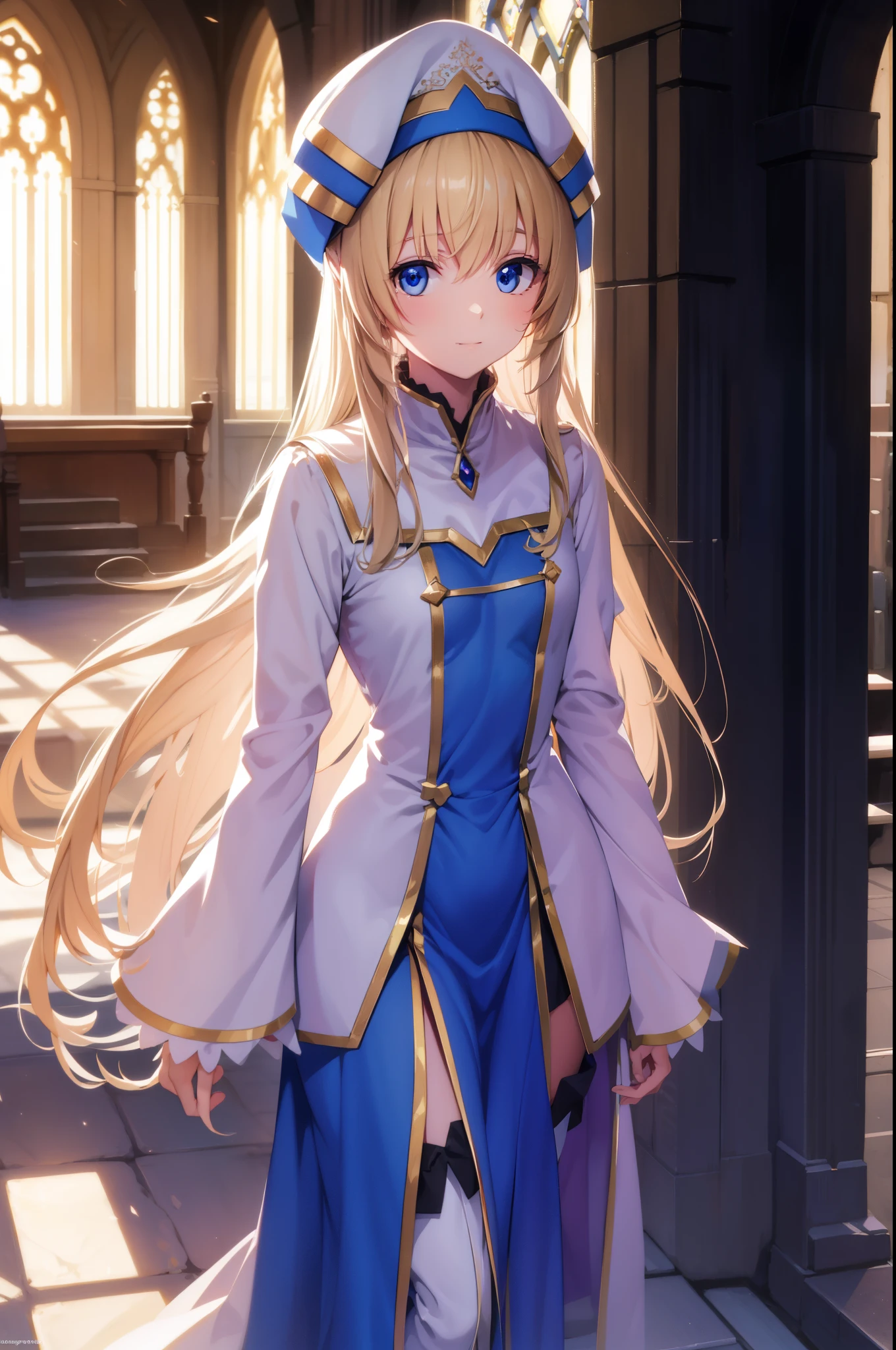 priestess, priestess, blonde hair, blue eyes, long hair, hair between eyes, (small breast:1.0), smile, BREAK boots, dress, frilled sleeves, frills, hat, white headwear, pelvic curtain, high heels, robe, thigh boots, thighhighs, white thighhighs, long sleeves, puffy sleeves, BREAK looking at viewer, BREAK indoors, church, BREAK (masterpiece:1.0), best quality, high resolution, unity 8k wallpaper, (illustration:0.8), (beautiful detailed eyes:1.0), extremely detailed face, perfect lighting, extremely detailed CG, (perfect hands, perfect anatomy),