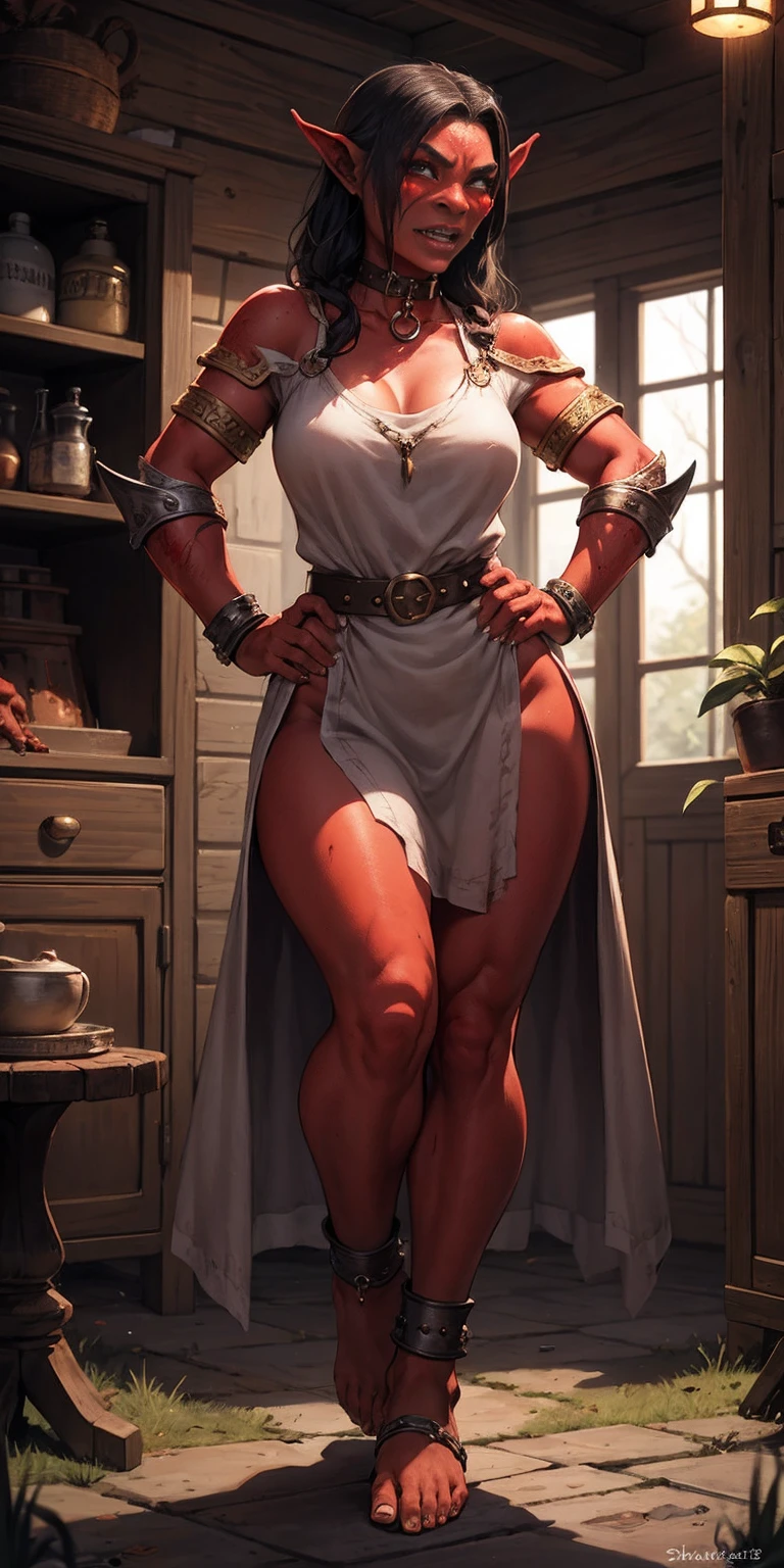 full body, barefoot, Solo, female, (orc, red skin), linen tunic, fantasy village, armor, slave, bracers, shackles, choker, Handcuffs on their hands, With a collar around the neck, hands on hips,