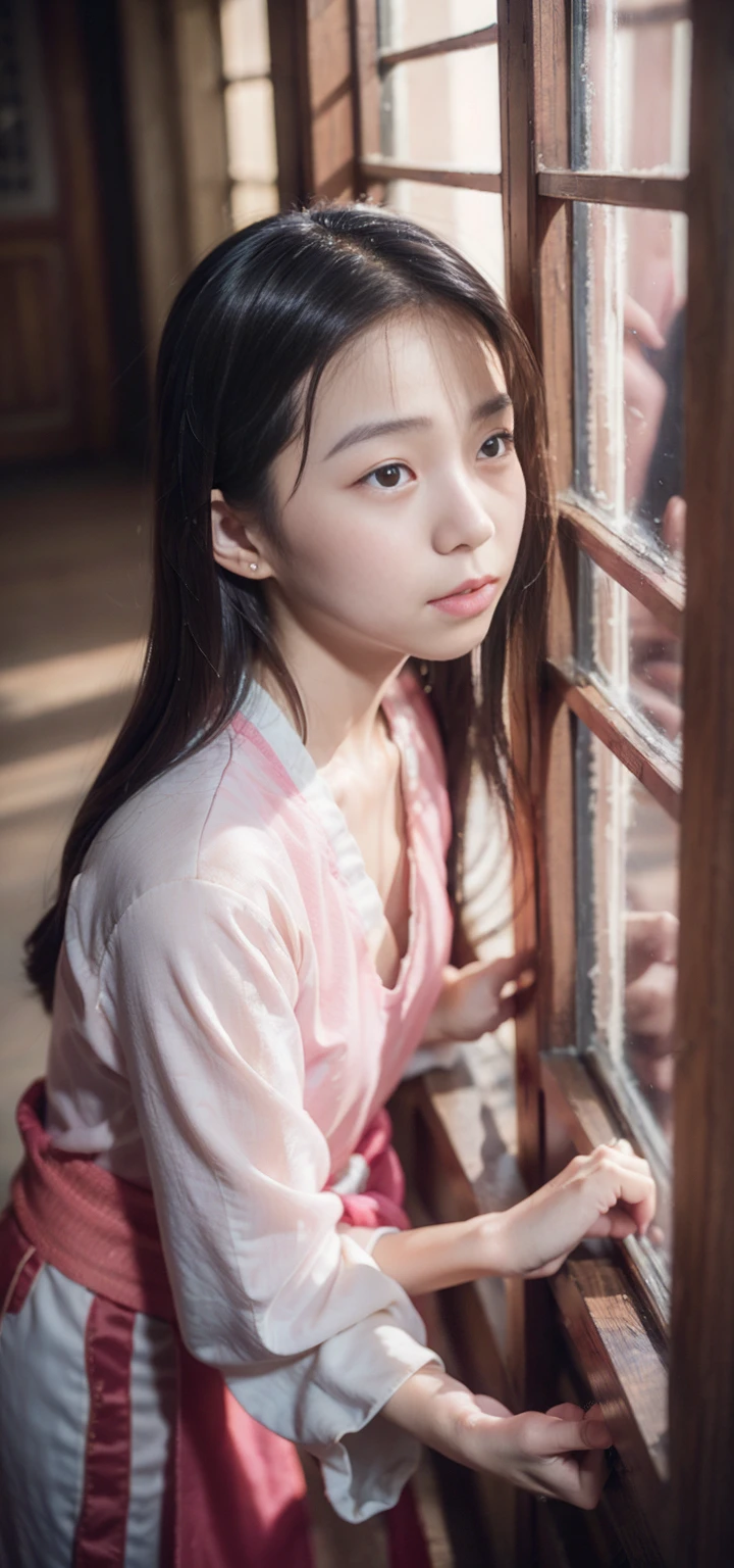 (From a straight above, bird's-eye perspective), 1Realistic Chinese pretty teenage girl,16-years old, pink colour Hanfu, erotic, small breast,greasy, knelt on the floor, eye gazing up to the camera, with sweat on body, sweat body, sweat breasts, waiting for punishment, beside the window