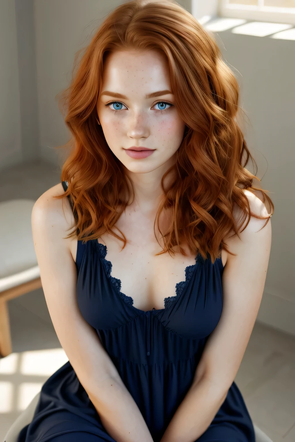 1girl in, age19, Solo, Aesthetic artwork, irish redhead, wavy ginger hair, shoulder length ginger hair, gray eyes, light grey eyes, some small freckles, pale skin, A-cup, small breasts, runners body, (textured skin, skin pores:1.1), (moles:0.8), imperfect skin, goosebumps, sitting down having coffee, drinking coffee, (extremely detailed 8k wallpaper), soft lighting, high quality, film grain, Fujifilm XT3 sharp focus, f 5.6, 50mm, High Detail, Sharp focus,(natural light), in a navy blue colored dress. A navy blue sundress, floral pattern sundress, crazy details, complex details, hyperdetailed, big , siting in hair gaming chair playing video games