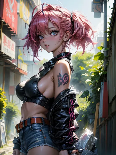 (top-quality、8K、32K、​masterpiece、nffsw:1.hotorealsitic:1.4),Portrait of an 18-year-old punk girl,A detailed eye、,Wacky punk hair,Radical punk fashion,Tank Tops、Wacky makeup、A pink-haired,、A lot of tattoos on the body,、Street background、Backlight effect、dep...