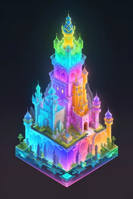 transparent castle close-up，there is treasure on it, isometric view of a wizard tower, isometric palace, cyberpunk castle, isome...