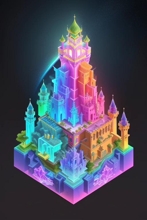 Transparent castle close-up，There is treasure on it, isometric view of a wizard tower, isometric palace, cyberpunk castle, Isometric 3D fantasy, colourful biomorphic temple, intricate rainbow environment, Floating palace, Neon ancient ruins, isometric island in the sky, Cloud Palace, Sacred City | illustration, colorful concept art, incredible isometric screenshot