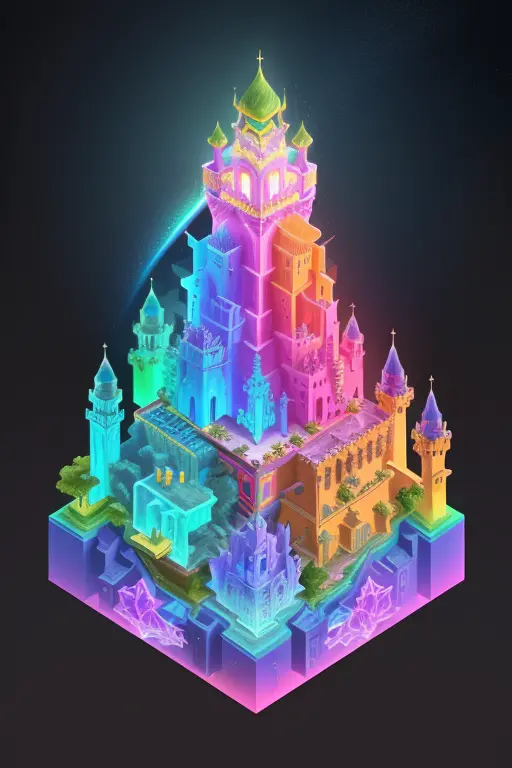 transparent castle close-up，there is treasure on it, isometric view of a wizard tower, isometric palace, cyberpunk castle, isome...