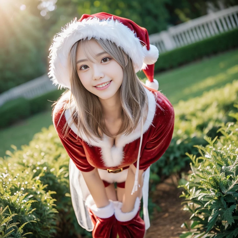 tre anatomically correct,Masterpiece of,High image quality,(Red costume),((Cute Santa Claus costumes:1.5)),(The material of the costume is fine velvet:1.4), (The white fur part of the costume is mink, Accentuate the fluffiness:1.4),(Random posture:1.4),Professional Lighting,((Natural smile)),The ultra-detailliert,High quality textures,High quality shadows,depth of fields,Ray traching,Christmasの雰囲気たっぷりの店内,Christmasツリー, Christmas,Fun atmosphere,Twinkling lights,soft snowflakes fall,Cozy,romantic,Cheerful,breathtaking scenery,Warmth,Happiness,Magical,Holiday spirit, Ultra-realistic capture, Highly detailed, 人間の皮膚のhight resolution16kクローズアップ,Skin texture must be natural, Detailed enough to finely identify pores. Skin should look healthy, In a uniform tone. Use natural light and color,(Best Quality,4K,8K,hight resolution,masutepiece:1.2),Ultra-detailed,extremely detailed eye and face,Beautiful detailed eyes,Beautiful detailed lips,long eyelashes,((Realistic)),Photorealistic:1.37,japanes,fine-grained white skin,beautiful and magnificent composition,masutepiece,Attractive,Cute,silky smooth and straight hair,Sharp Focus,Natural smile,(with round face),((healthy thigh body photo)),(Full-body photography from a distance:1.4),((Silver hair color)),