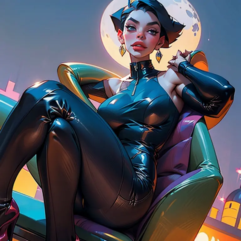 A sultry and alluring woman with a mischievous grin dressed as Catwoman perched atop a rooftop on a moonlit night.