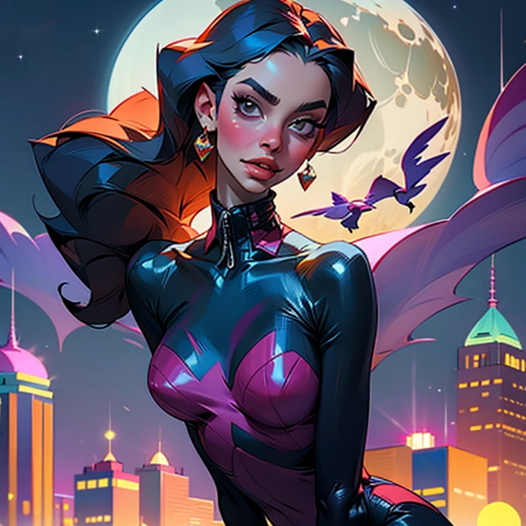 A sultry and alluring woman with a mischievous grin dressed as Catwoman perched atop a rooftop on a moonlit night.