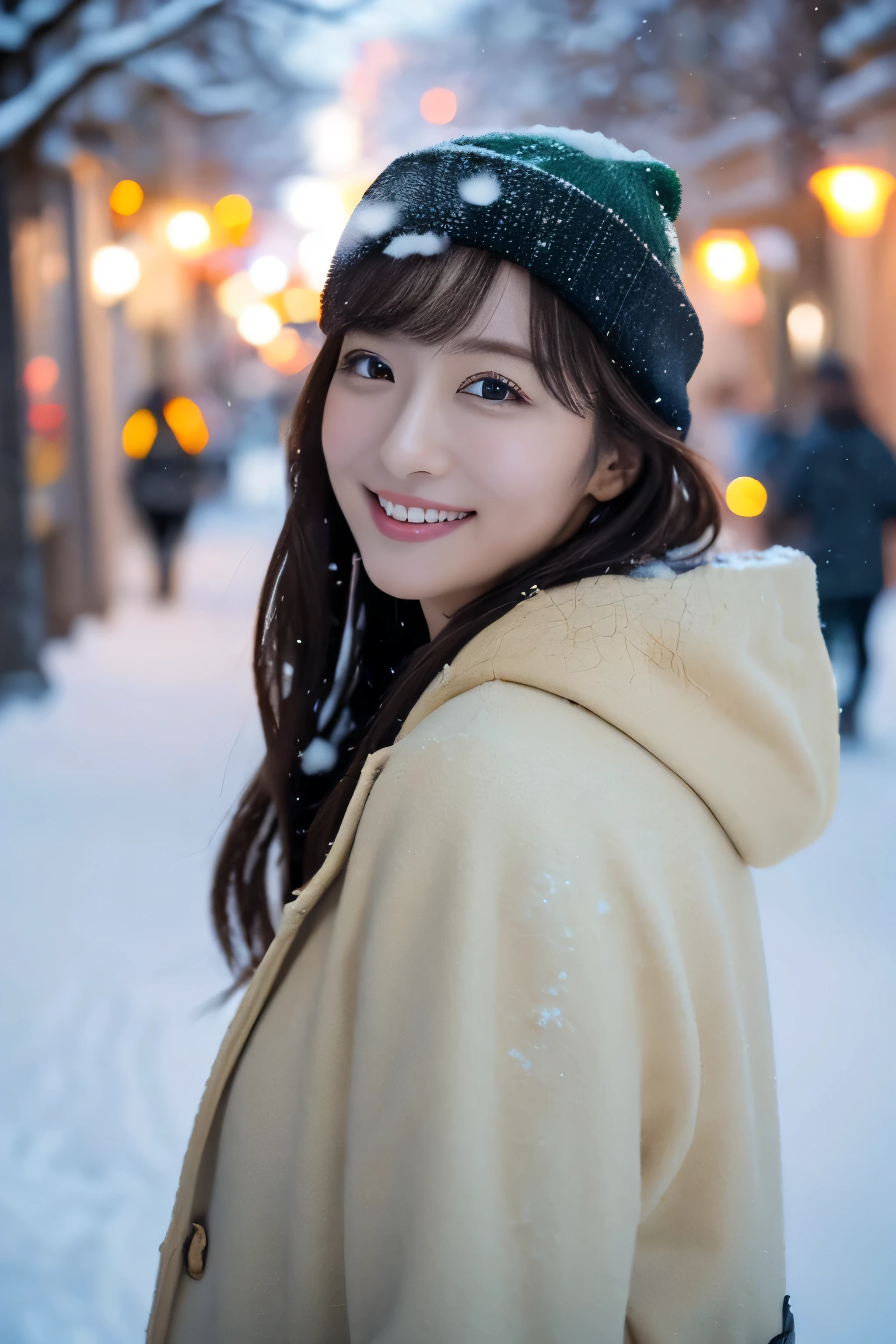 1girl in, (Beige coat, Green muffler:1.2), (Raw photo, Best Quality), (Realistic, Photorealsitic:1.4), masutepiece, Extremely delicate and beautiful, Extremely detailed, 2k wallpaper, amazing, finely detail, the Extremely Detailed CG Unity 8K Wallpapers, Ultra-detailed, hight resolution, Soft light, Beautiful detailed girl, extremely detailed eye and face, beautiful detailed nose, Beautiful detailed eyes, Cinematic lighting, Illuminations coloring the city on a snowy night, (Illumination of street trees covered with snow like frost-covered trees:1.4), Snowy landscape, It's snowing, snow fell in my hair, Diffuse reflection of light, α80mmF1.8, Perfect Anatomy, Slender body, Small, Smiling