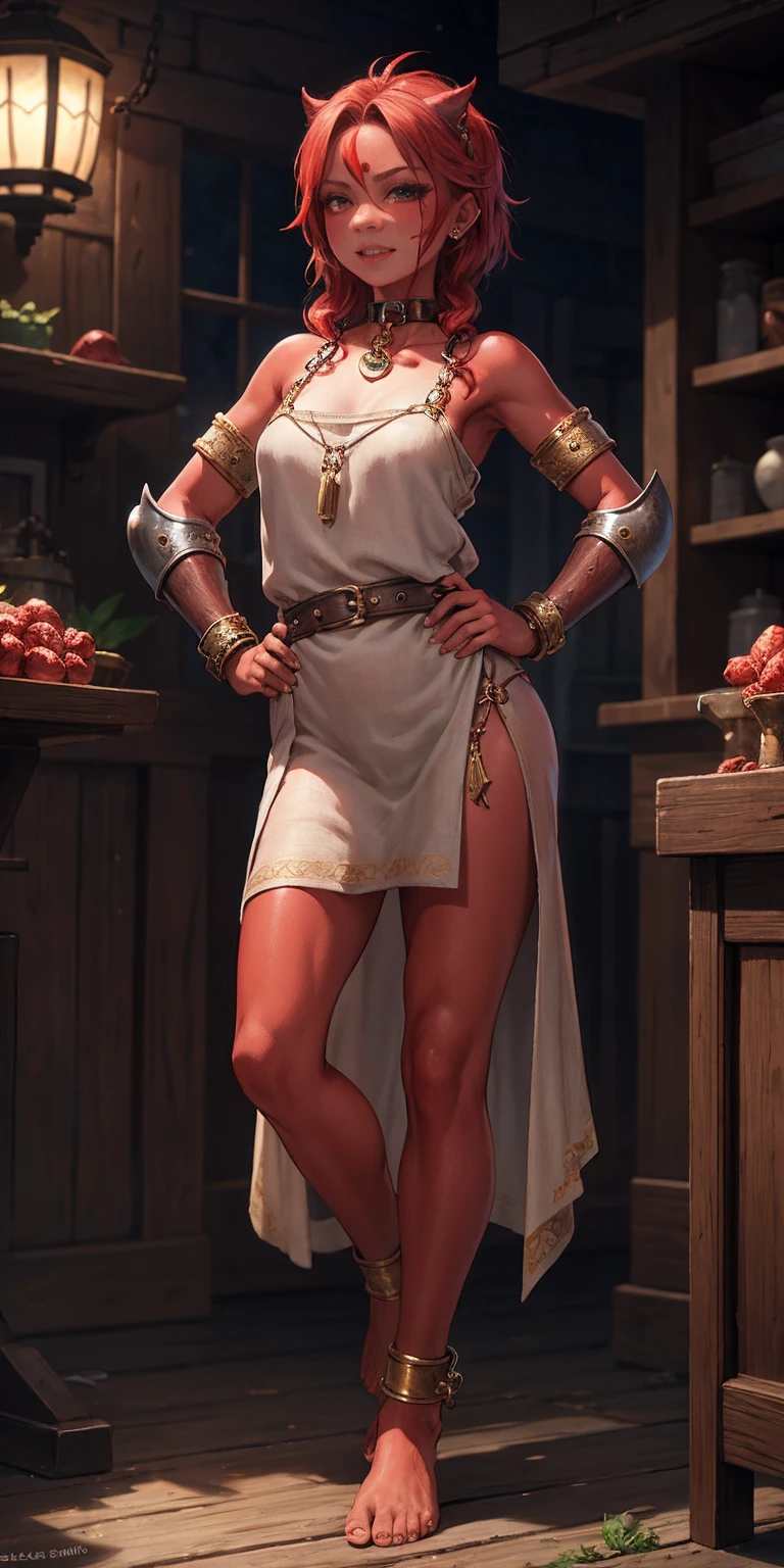 full body, barefoot, Solo, female, (red skin), linen tunic, fantasy village, armor, slave, bracers, shackles, choker, Handcuffs on their hands, With a collar around the neck, hands on hips,