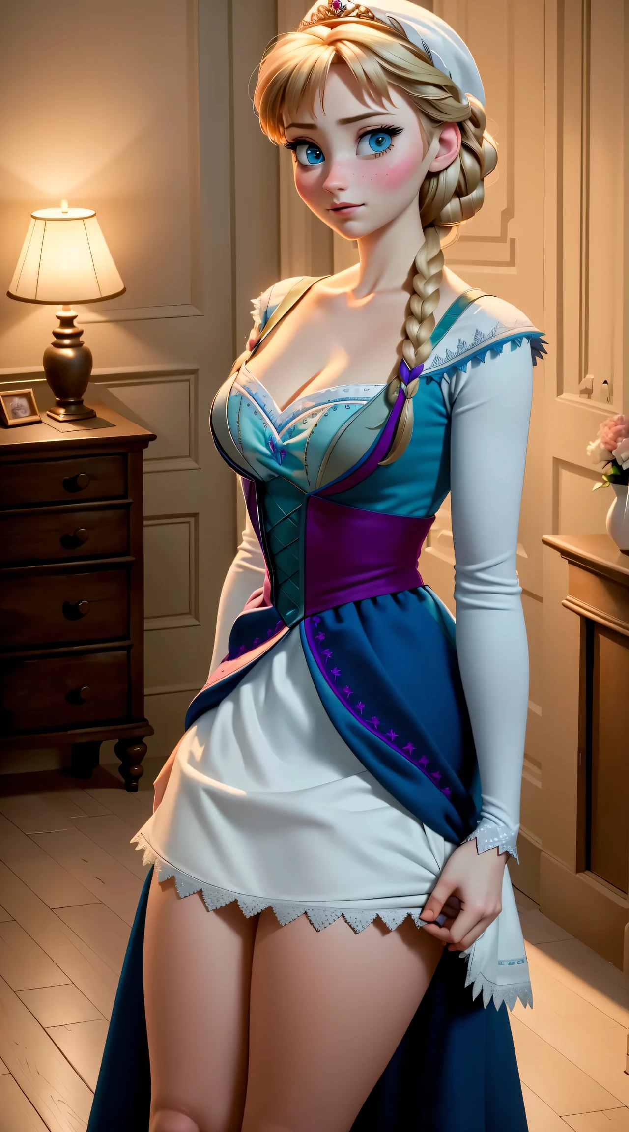 woman, ((Masterpiece, best quality)), full body view, bursting huge breasts, detailed skin, Anna from Frozen as a maid, maid clothes, clileaning the living room,  highly detailed, cinematic lighting, ultra realistic, blush, looking at viewer, anna, anna from movie Frozen.