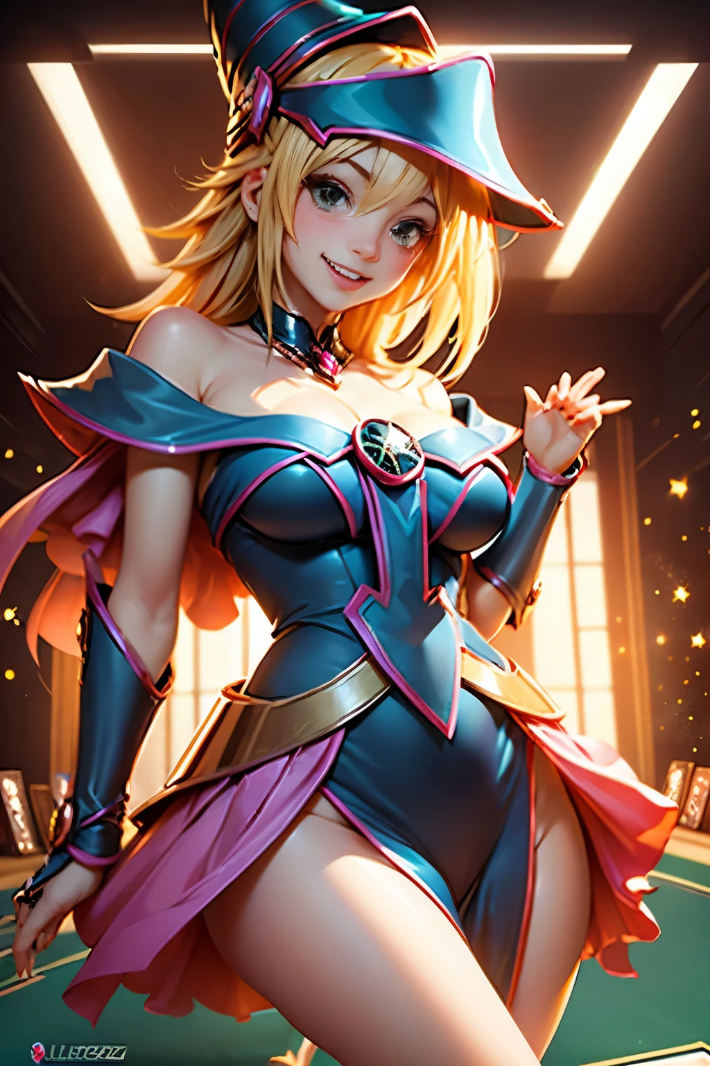 (Masterpiece:1.2), (Best Quality:1.2), Perfect lighting, The dark magician girl (Casting Spells: 1.3), in her 20floating in the air: 1.3), Visible medium breasts, transparent neckline,  challenging. Poker face,laughing. From above, sparkles, (Hands with magical effects: 1.4 )Magic in your hands, Background to the apocalypse、a blonde、Magic at your fingertips