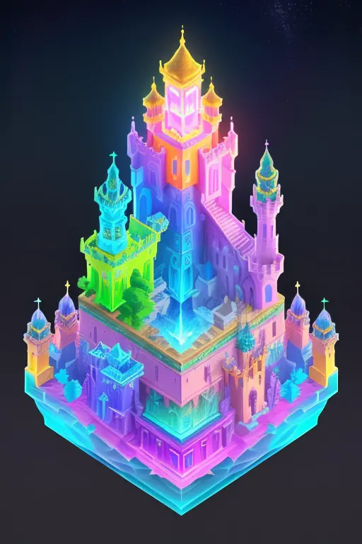 transparent castle close-up，there is treasure on it, isometric view of a wizard tower, isometric palace, cyberpunk castle, isome...