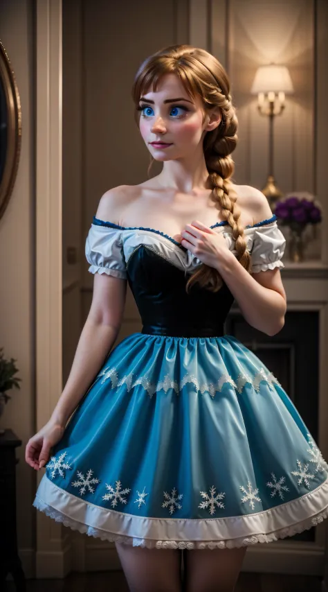 woman, ((Masterpiece, best quality)), full body view, bursting huge breasts, detailed skin, Anna from Frozen as a maid, maid clo...