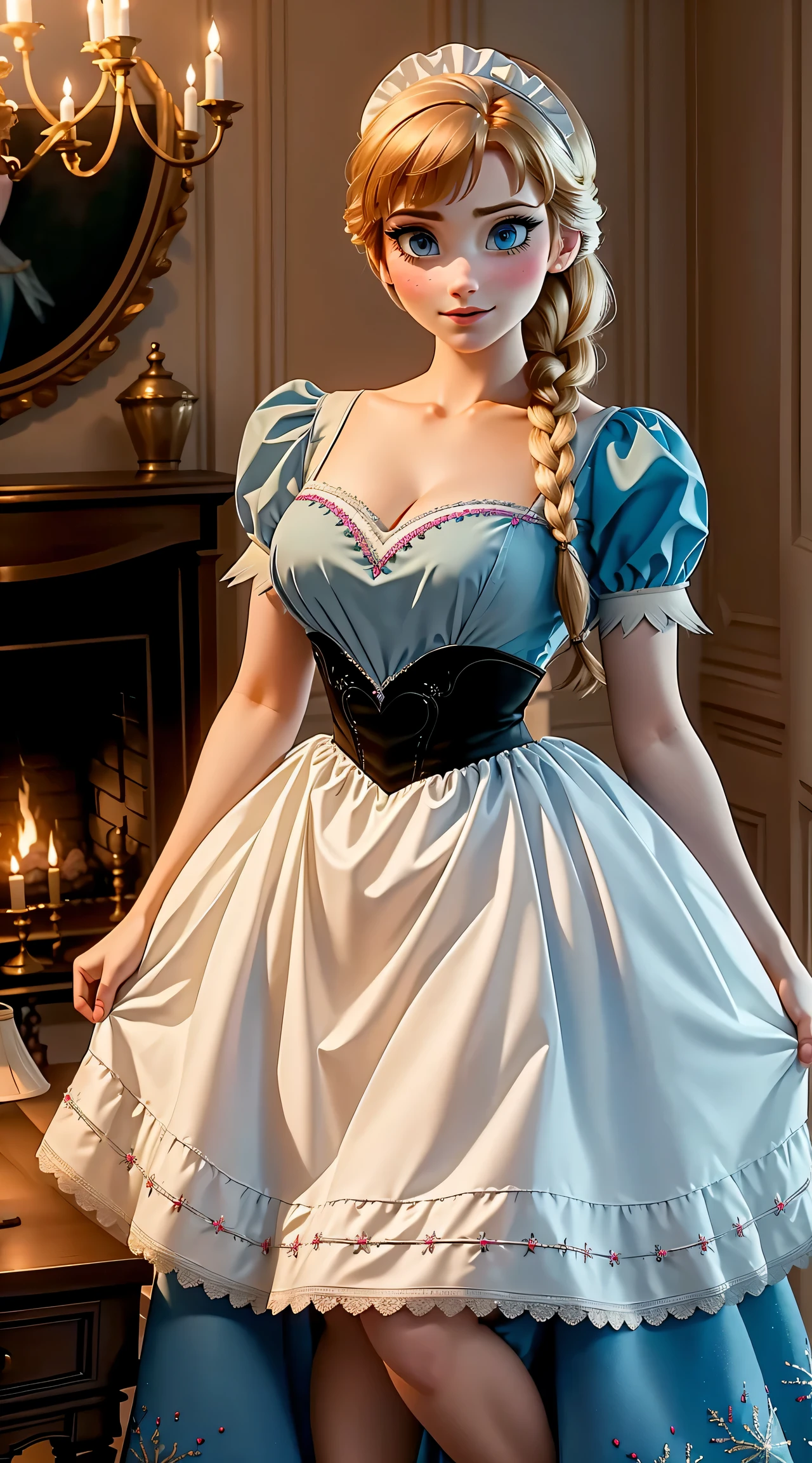 woman, ((Masterpiece, best quality)), full body view, bursting huge breasts, detailed skin, Anna from Frozen as a maid, maid clothes, clileaning the living room,  highly detailed, cinematic lighting, ultra realistic, blush, looking at viewer, anna, anna from movie Frozen.