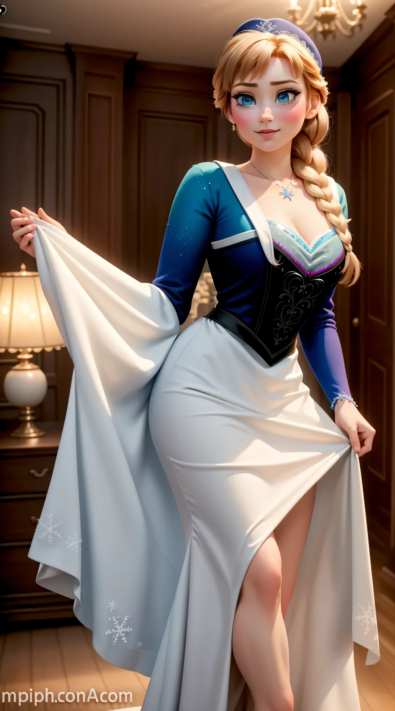 woman, ((Masterpiece, best quality)), full body view, bursting huge breasts, detailed skin, Anna from Frozen as a maid, maid clothes, clileaning the living room,  highly detailed, cinematic lighting, ultra realistic, blush, looking at viewer, anna, anna from movie Frozen.