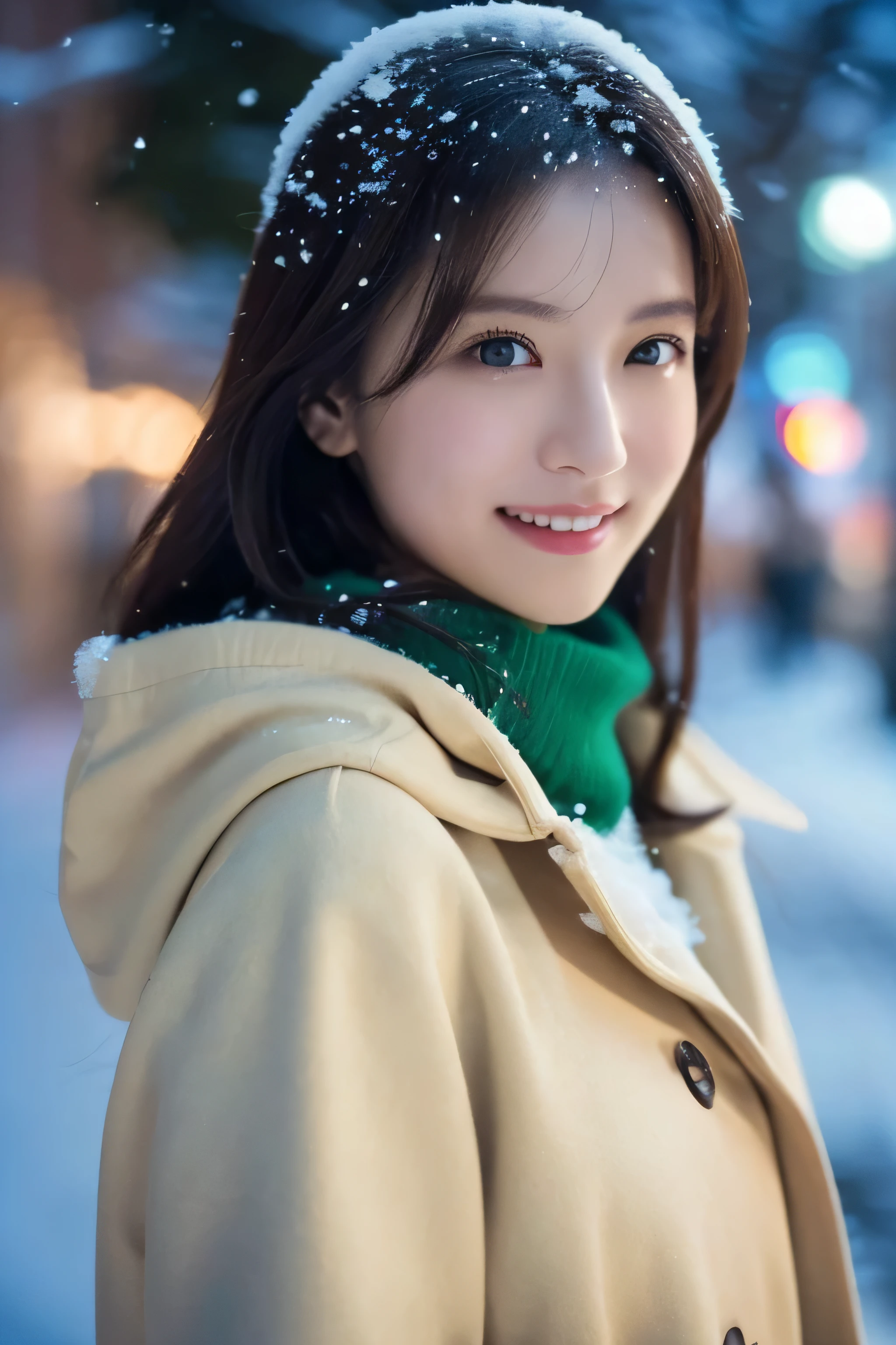 1girl in, (Beige coat, Green muffler:1.2), (Raw photo, Best Quality), (Realistic, Photorealsitic:1.4), masutepiece, Extremely delicate and beautiful, Extremely detailed, 2k wallpaper, amazing, finely detail, the Extremely Detailed CG Unity 8K Wallpapers, Ultra-detailed, hight resolution, Soft light, Beautiful detailed girl, extremely detailed eye and face, beautiful detailed nose, Beautiful detailed eyes, Cinematic lighting, Illuminations coloring the city on a snowy night, (Illumination of street trees covered with snow like frost-covered trees:1.4), Snowy landscape, It's snowing, snow fell in my hair, Diffuse reflection of light, α80mmF1.8, Perfect Anatomy, Slender body, Small, Smiling