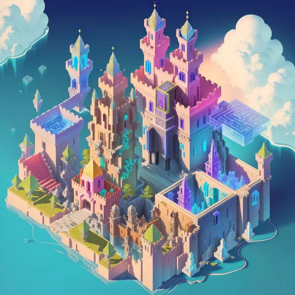 transparent castle close-up，there is treasure on it, isometric view of a wizard tower, isometric palace, cyberpunk castle, isome...