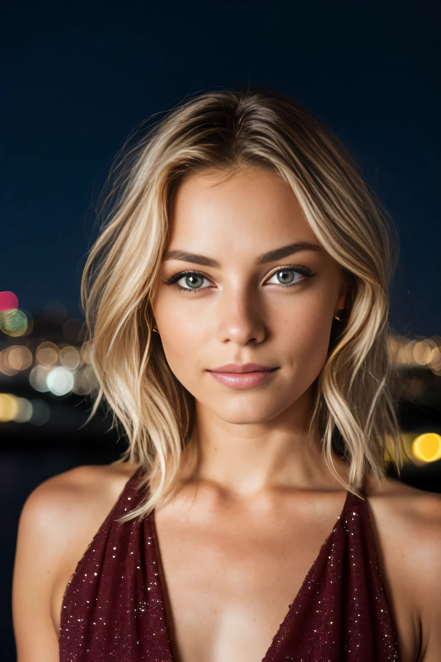 RAW uhd closeup portrait of a 24-year-old blonde, natural blonde hair, locks, wavy, (brown-eyed woman) in an apartment, new york background, night starry sky, ,breasts naturai, city night background, (red summer dress), (neckline), detailed (textures!, hair!, brightness, color!, imperfections:1.1), highly detailed bright eyes, (looking at the camera),  specular lighting, dslr, ultra quality, sharp focus, sharp, dof, film grain, (centered), Fujifilm XT3, crystal clear, center of frame, cute face, sharp focus, light pole, neon lights, bokeh, (dimly lit), low key, at night, (night sky)