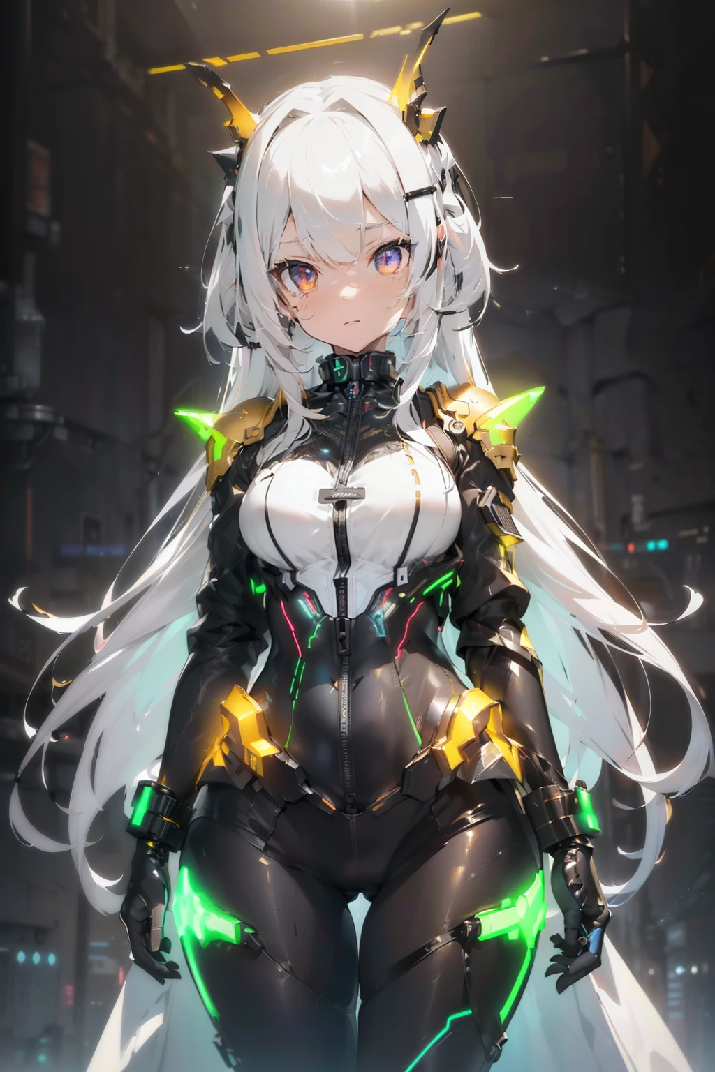 Arknights girl (masterpiece), best quality, expressive eyes, (((in hyper realistic and detailed neon-lit sci-fi plugsuit black, white & golden armor, aethereal aesthetic style))) beauty korean idoll, intricate perfect beauty cute face, detailed sharp eyes, hyper realistic and detailed hair, (((from face to the waist))), (((beauty slim shape))), 4k, UHD