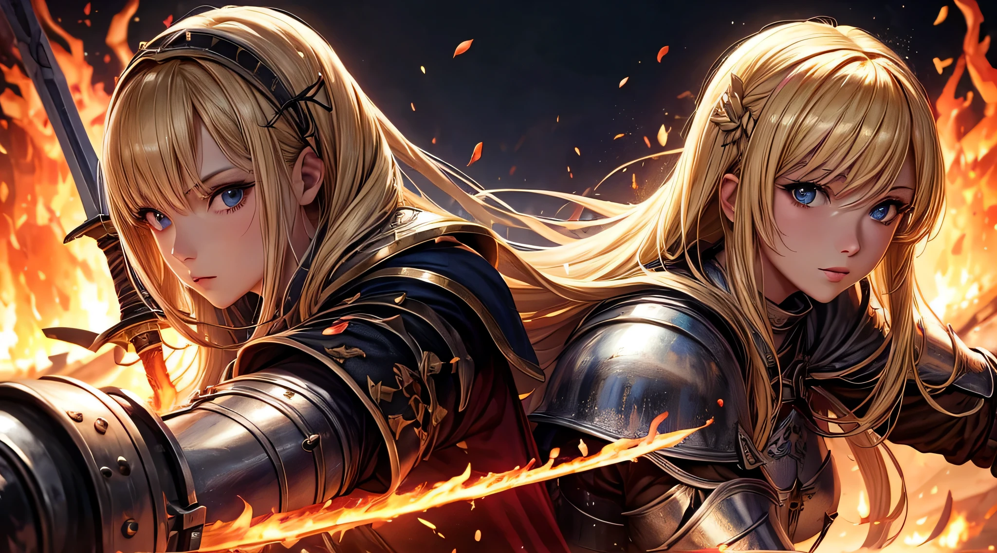 masutepiece,Best Quality,ultra-detailliert,(1 female knight),(holding a fire sword),Upper body,Blonde hair,(Straight hair),look at viewr,(fire:1.3),(Full lips:-0.5),Dark Souls,castle town,Long hair,(bow ribbon)