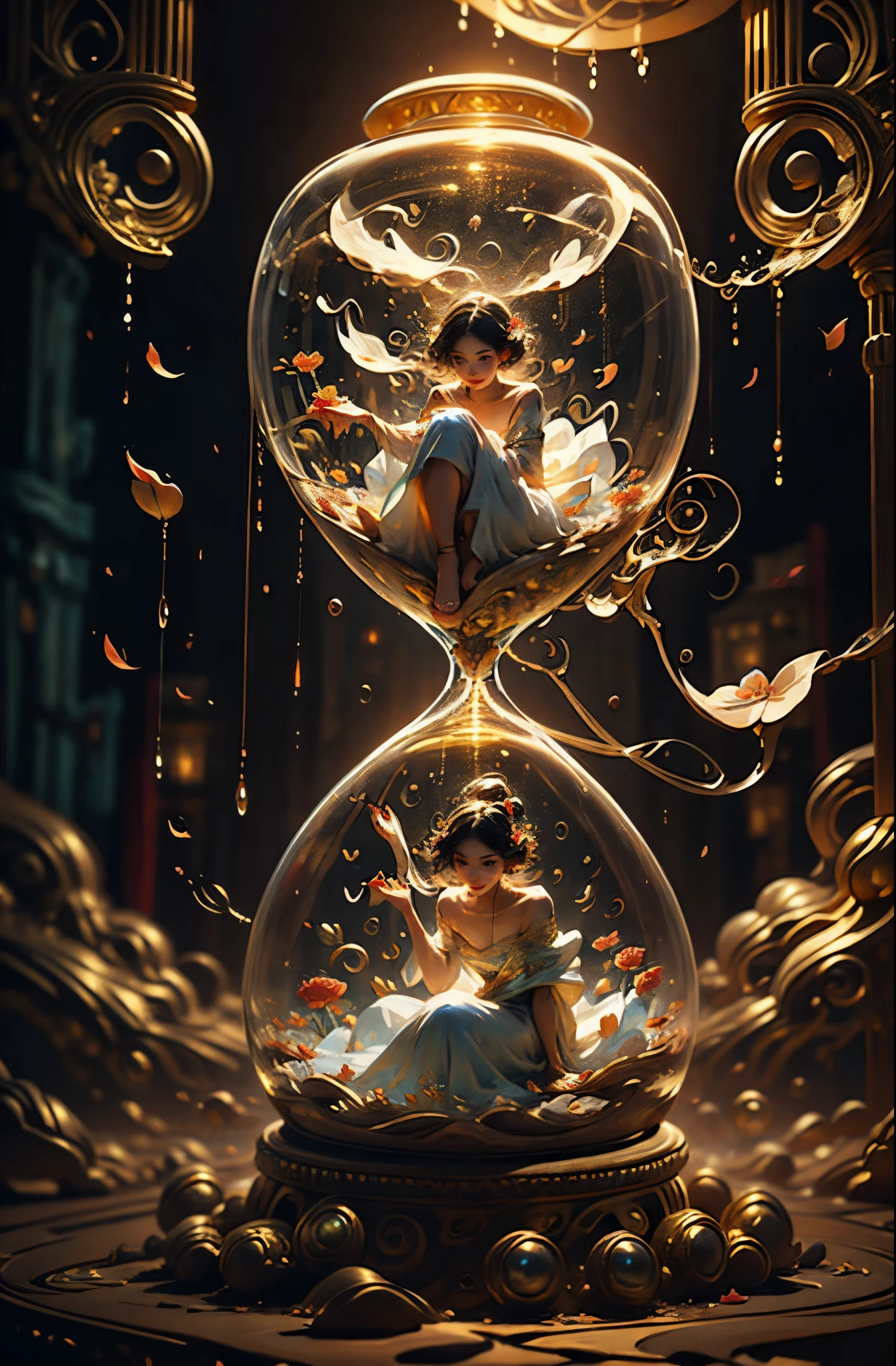 1girl sitting in hourglass bench, (masterpiece), best quality, expressive detailed eyes, perfect face, huge floating antique hourglass, beautiful girl sitting inside the hourglass, lamp lantern clock, magical swirling sky, rain clouds with lightning, long wavy black hair, Beautiful Illustration homepage style, high resolution, strong outline, 8k, famous art style, transparent white silk dress, fashion style, Paint water splashes. Sparkle particles like gems, Magic spell. Pink silver gray color. intricate oil paintings, bubbles and swirling fountains, full body, extremely detailed (Fractal Art: 1.3), vibrant colors, more detailed, slight smile, transparent clothing, mandalas and plumeria flowers, best quality, vibrant hair fused in water, beautiful visible pubic area, perfect smile and full lips, delicate and perfect body, digital painting, intricately detailed eyes looking at camera, fine art, oil painting, finely drawn magical garden, metallic roses, autumn leaves, metallic colors and enamel, oil tan skin, shiny skin, legends concept art, 8k volumetric lighting