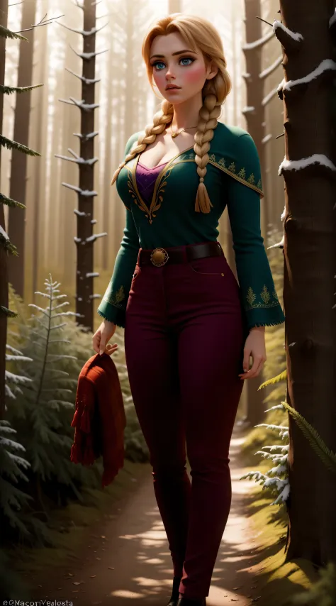woman, ((Masterpiece, best quality)), full body view, bursting huge breasts, detailed skin, Anna from Frozen as a forest ranger,...
