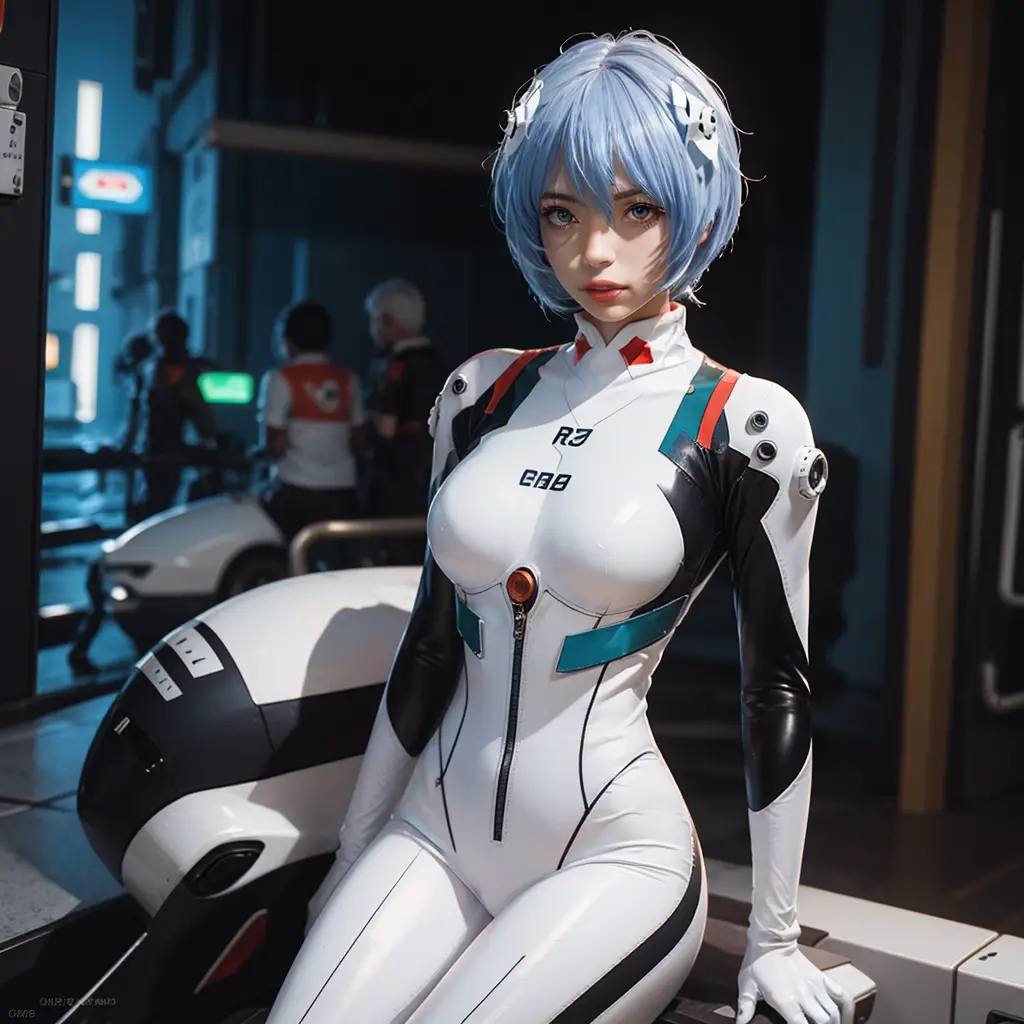 (Realistic, photoRealistic), Rei Ayanami_wang, 1girl in, Blue short hair, white hair ornament, ((White bodysuit, gloves)), Saiha...