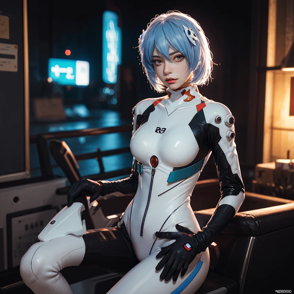 (Realistic, photoRealistic), Rei Ayanami_wang, 1girl in, Blue short hair, white hair ornament, ((White bodysuit, gloves)), Saihar body), Sitting on the ground, (Cowboy Shot),(masutepiece, High quality, Best Quality), (Colorful),(Delicate eyes and face), volumatic light, Ray tracing, the Extremely Detailed CG Unity 8K Wallpapers,Solo((flying petal)),Outdoors, ((Cyberpunk)), Cyber City, ((neon trim)), Night,(Cityscape),