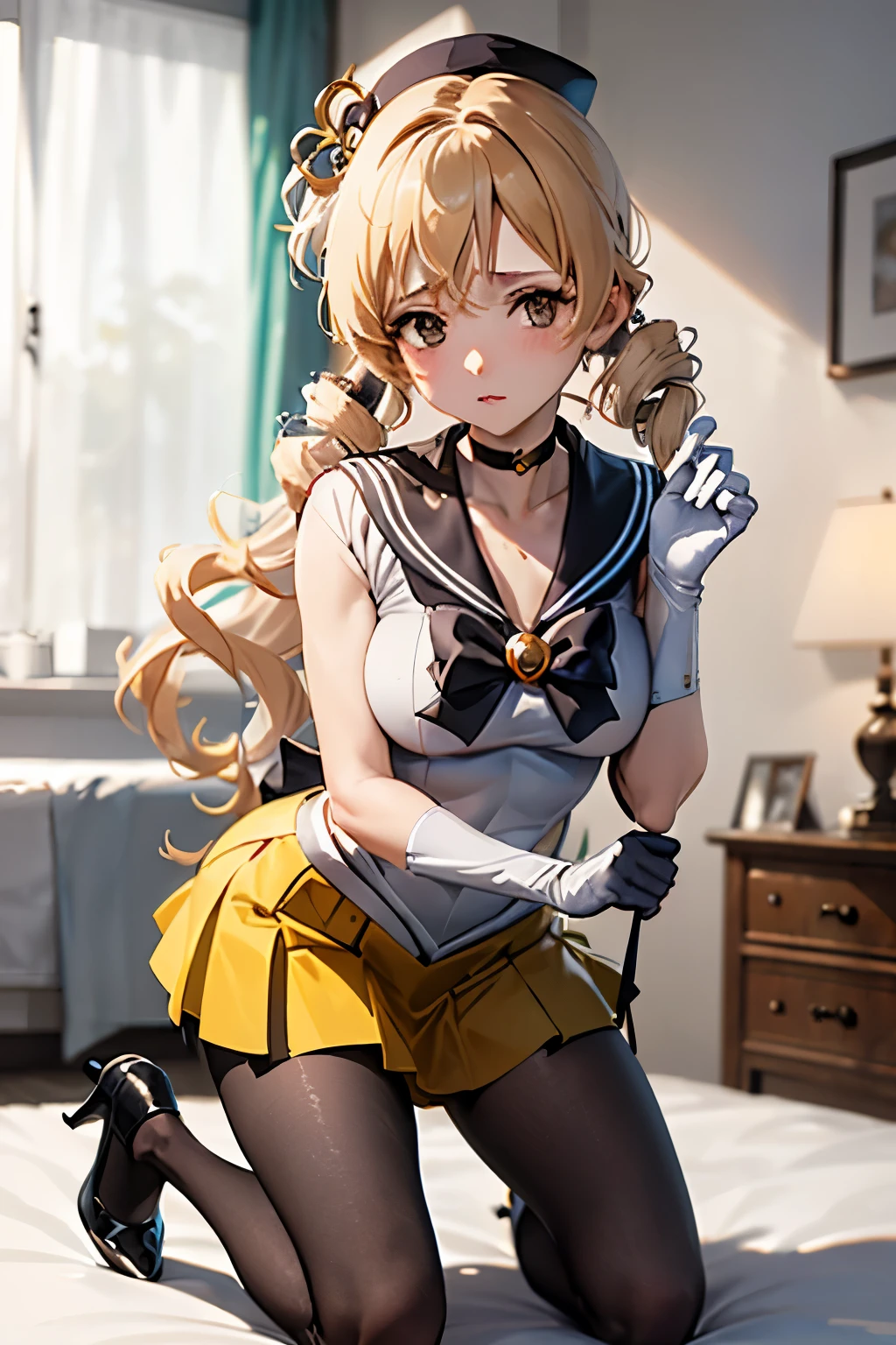 Tischplatte, beste Qualität, 1Mädchen in, (Mami Tomoe),gelbes Haar, (schwarze Augen:1.2),((Seemann Krieger))、((a miniskirt))、((verlegener Gesichtsausdruck))、((Schlafzimmer))、((Kniend))、((Strumpfhose))、((lang))、((White lang Gloves))、((Einen Rock halten))、((Pumps))、