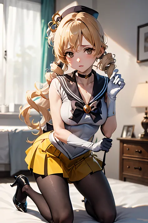 masutepiece, Best Quality, 1girl in, (Mami Tomoe),Yellow hair, (black eyes:1.2),((Sailor Senshi))、((a miniskirt))、((embarassed expression))、((Bedroom))、((Kneeling))、((pantyhose))、((Long))、((White Long Gloves))、((Holding a skirt))、((pumps))、