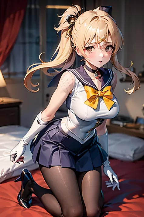 masutepiece, Best Quality, 1girl in, (Mami Tomoe),Yellow hair, (black eyes:1.2),((Sailor Senshi))、((a miniskirt))、((embarassed expression))、((Bedroom))、((Kneeling))、((pantyhose))、((Long))、((White Long Gloves))、((Holding a skirt))、((pumps))、