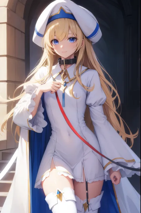 ((((collar)))),((((leash))))priestess, priestess, blonde hair, blue eyes, long hair, hair between eyes, (small breast:1.0), smil...