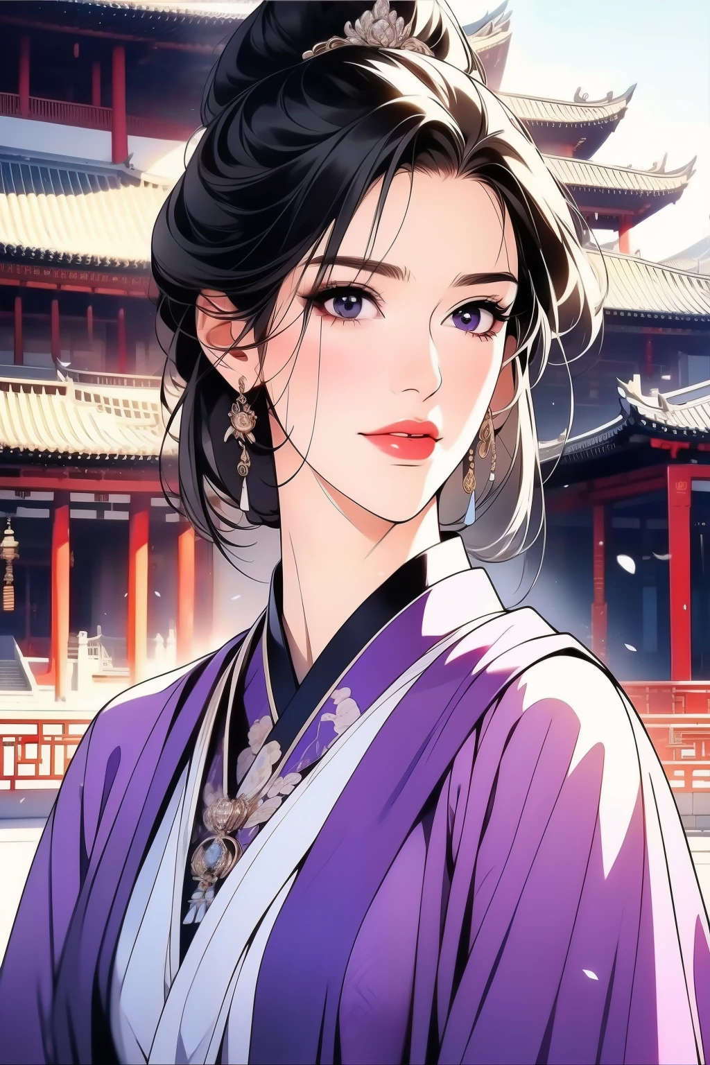 Best quality at best，tmasterpiece，16k,A 50-year-old woman，Women pay attention to beautiful purple Chinese style clothes，natta，rays of moonlight，Asian architecture，Elaborate Eyes，Detailed faces，