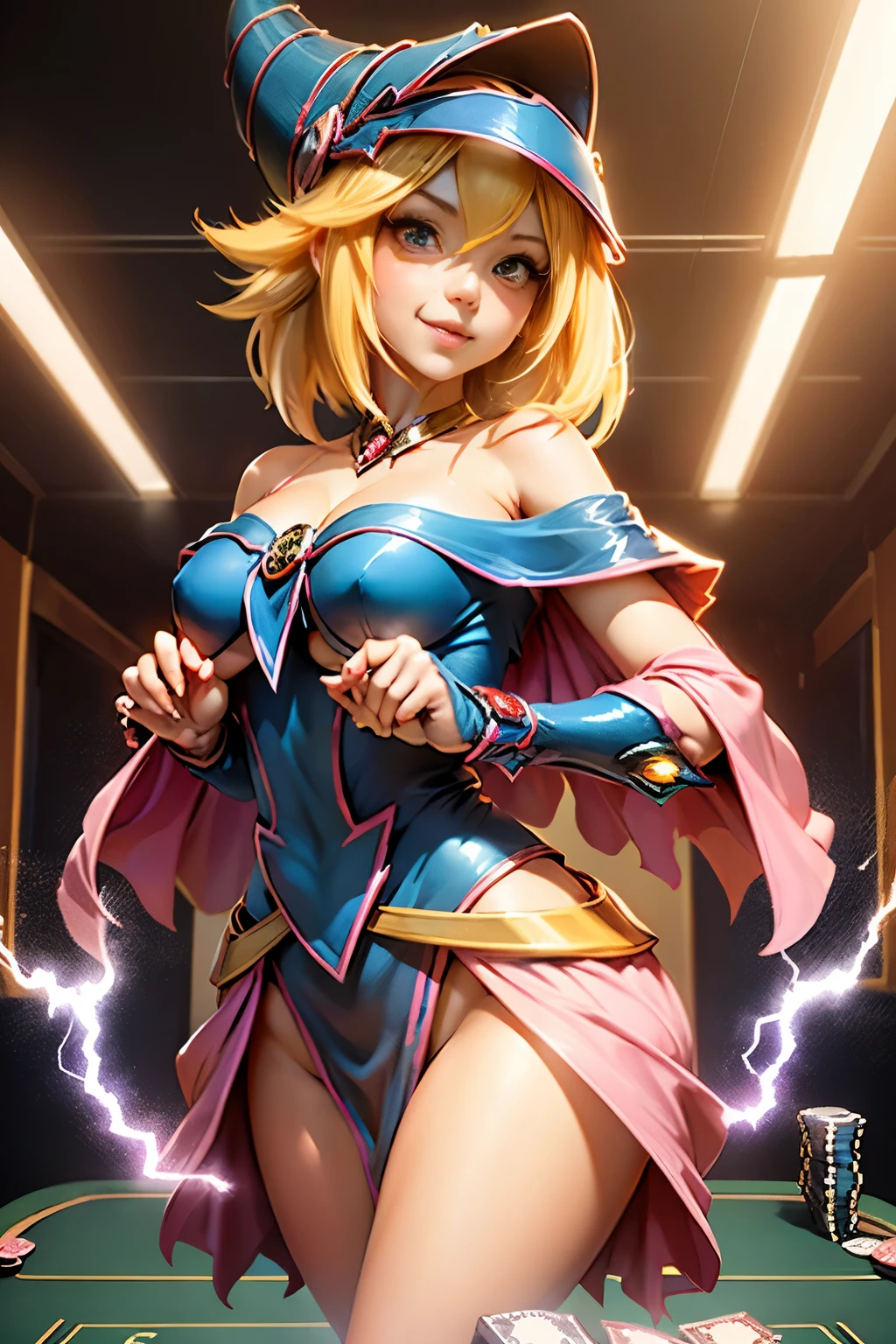 (masterpiece:1.2), (Best Quality:1.2), perfect lighting, The dark magician girl (Casting Spells: 1.3), in her 20floating in the air: 1.3), Visible medium breasts, transparent neckline,  challenging. Poker face,laughing. from above, Sparkles, (Hands with magical effects: 1.4 )Magic in your hands, Background to the apocalypse、a blonde、Magic at your fingertips