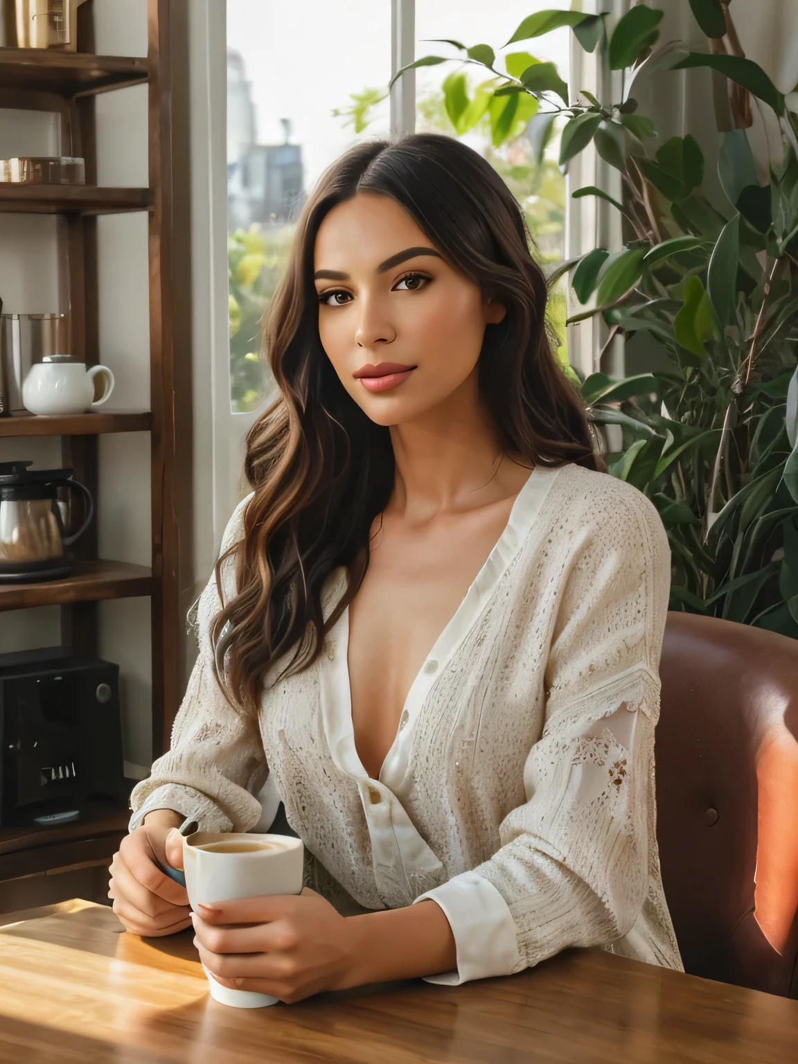 (best quality,4k,8k,highres,masterpiece:1.2),ultra-detailed,(realistic,photorealistic,photo-realistic:1.37),portrait,painting,coffee shop,woman,sitting at a table,posing for photo,stylish,holding a cup of coffee,wearing a trendy outfit,glamorous makeup,beautiful eyes,dark hair styled in loose waves,vibrant colors,soft natural lighting,bokeh,cozy atmosphere,wooden table,floral patterned tablecloth,artistic coffee cup,morning sunlight streaming through the window,soft shadows,bookshelf filled with vintage books,barista in the background espresso machine,hanging plants,artistic wall decor,coffee aroma filling the air,relaxing music playing in the background,bokeh lights in the distance,Instagram-worthy moment,city outside the window,quiet and peaceful ambiance,stylish and modern interior design