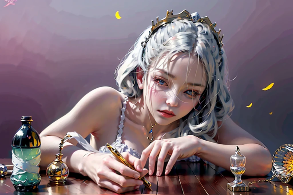 ((masterpiece)),  highly detailed, best quality, 8k, (soft light), cinematic light, beautiful detailed eyes, 
1girl, white hair, long hair, next to a bottle of perfume, elegant, cozy, clean detailed anime art,  trending on artstartion,  iridescent, opalescent,  cream dripping on face, warmly lit, soap, (pink and white theme),