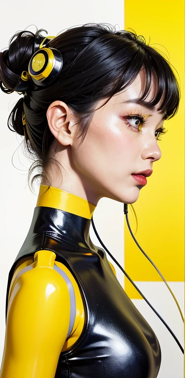 profile Photography, in front of a yellow wall, an asian cyborg woman head without body, connected by cables, twisted cables and wires and LED, atractive eyes body punk PLC Robots with silver motor head, with ray guns, 80 degree view, art by Sergio Lopez, Natalie Shau, James Jean and Salvador Dali, (yellow background:1.5)