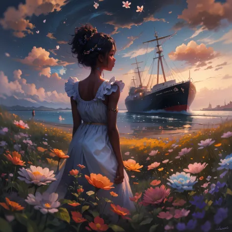 (masterpiece, best quality)There is a black girl ((dark skin)) detailed face, standing in a flower field looking up at the sky, a girl standing in a flower field, a girl walking in a flower field, lost in a dreamy wonderland, standing in a flower field, fa...