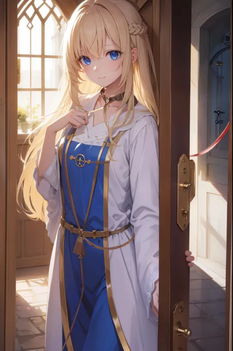 ((((collar:1,4)))),((((leash))))priestess, priestess, blonde hair, blue eyes, long hair, hair between eyes, (small breast:1.0), ...