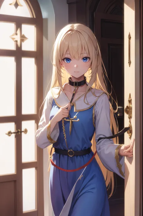 ((((collar:1,4)))),((((leash))))priestess, priestess, blonde hair, blue eyes, long hair, hair between eyes, (small breast:1.0), ...