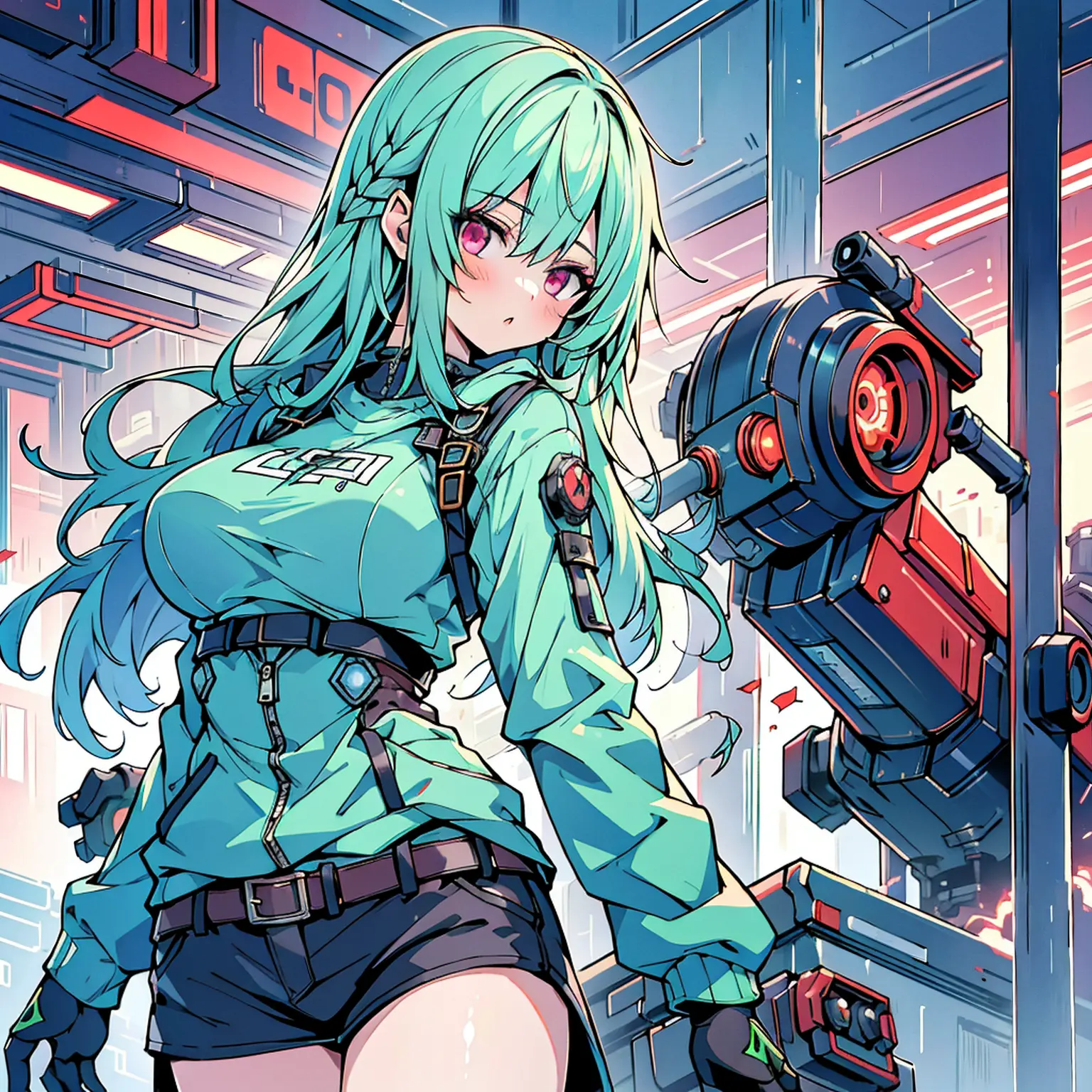 (best quality,highres,ultra-detailed) A beautiful girl with small breasts, wearing a sturdy jacket, long hair, (mechanical arms:...