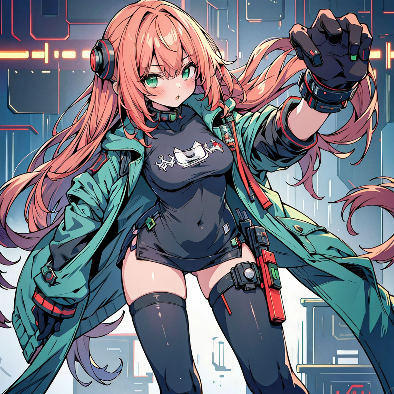 (best quality,highres,ultra-detailed) A beautiful girl with small breasts, wearing a sturdy jacket, long hair, (mechanical arms:1.1) in a cyberpunk city night scene. The setting is (cyberpunk:1.1), with a red and green color scheme.