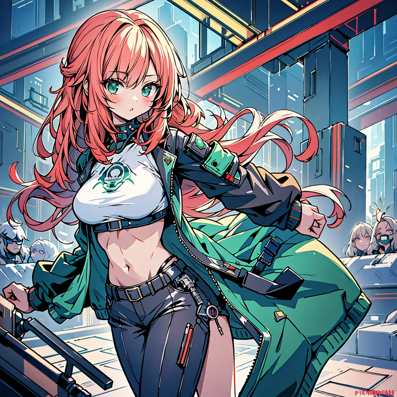 (best quality,highres,ultra-detailed) a beautiful girl with small breasts, wearing a sturdy jacket, long hair, (mechanical arms:...