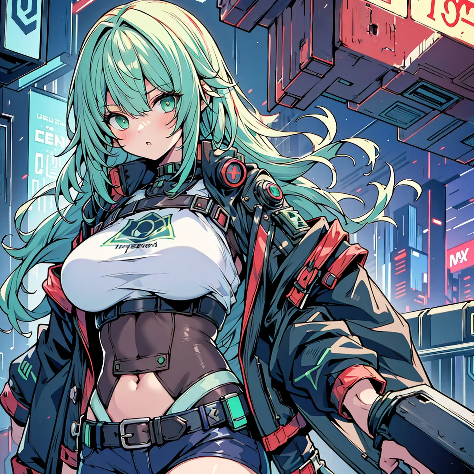 (best quality,highres,ultra-detailed) a beautiful girl with small breasts, wearing a sturdy jacket, long hair, (mechanical arms:...