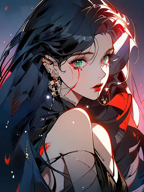 1girl, Pelo largo y rojo, ojos verdes, algo de sangre en su cara, wearing black gothic clothes,Anime style, Vampire aesthetics, ...
